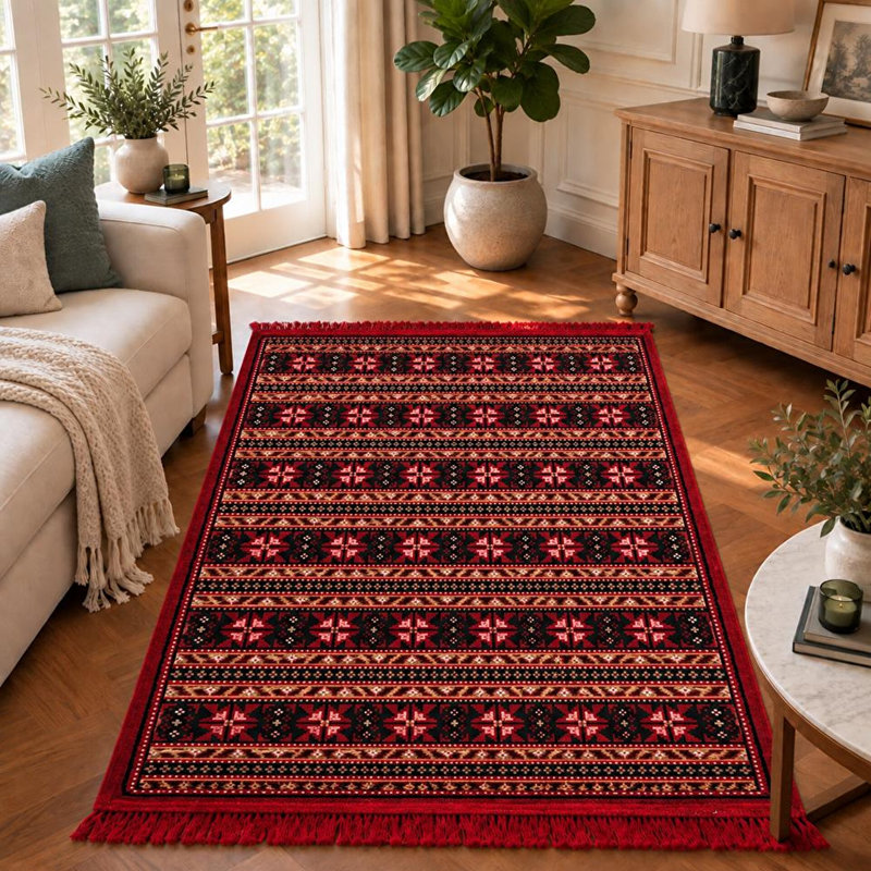 Tapis kilim lavable traditionnel à motif oriental vintage pour le salon Tyngsborough 4 x 6, rouge et noir