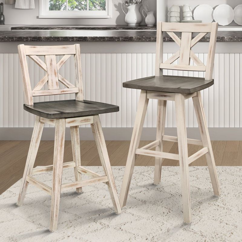 Chaises à hauteur de comptoir en bois d'hévéa massif (de 2), gris blanc, pivotant sur 360 °, gris rustique pour salle à manger (2), 360 degrés