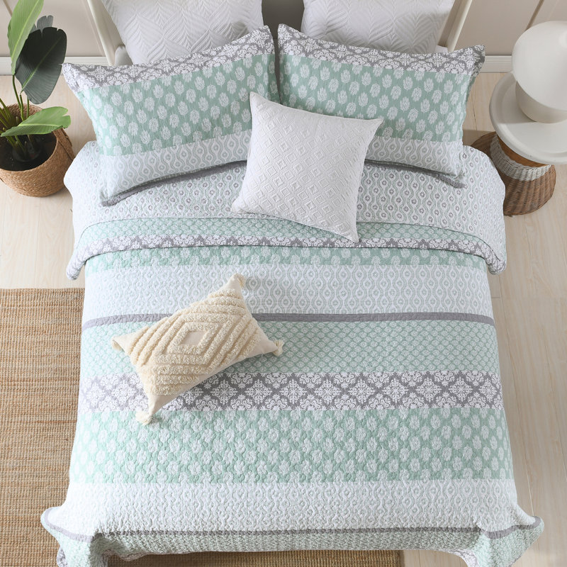 Ensemble de courtepointe 100% coton 98 po x 90 po DDUOXIN - 1 courtepointe avec 2 taies décoratives, Grand lit, Vert / Gris