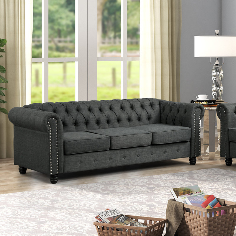 Canapé Chesterfield à accoudoirs roulés 80 po Abdulhameed, Mélange de lin gris