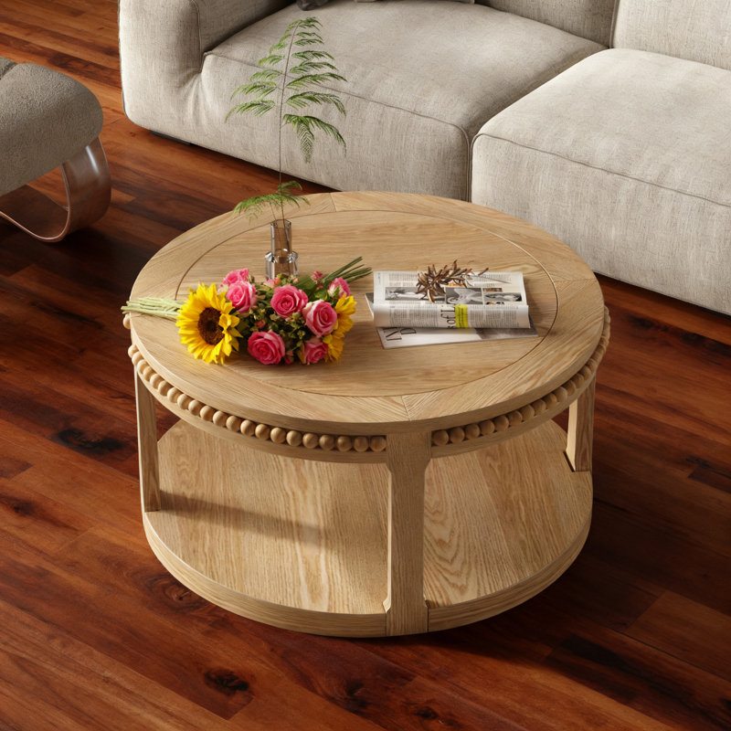 Vespera 31.5" Round Coffee Table with Solid Wood Legs, Natural