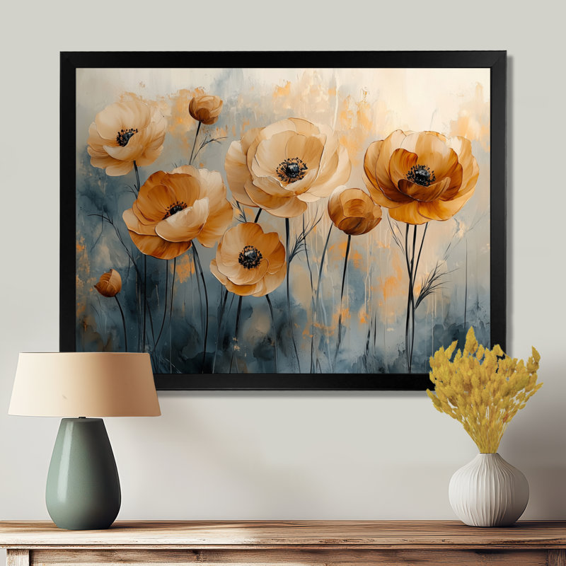 Lueur dorée de fleurs de renoncule - art mural Renoncule, H 16 po x l 32 po, Floater Framed, Noir