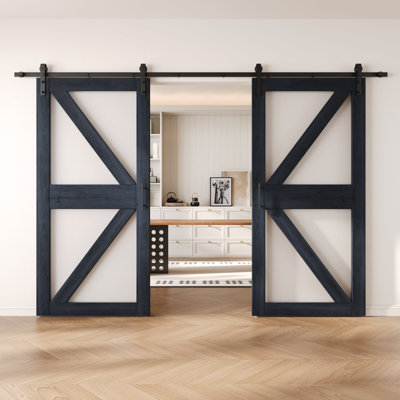 Homacer Navy Double 30in x 84in Arrow Pattern Glass Design Unassembled & Finished Barn Doors with Non-Bypass Installation Hardware Kit, 11ft track, interior use only