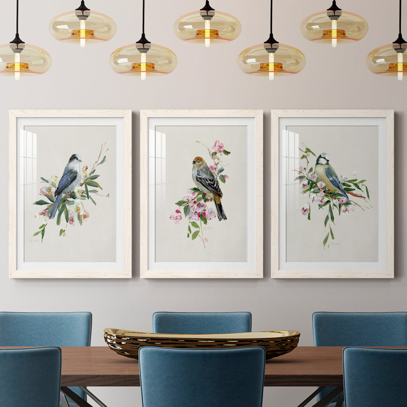 «Spring Song Blue Bird», ensemble de 3 cadres photo, H 31,5 po x l 47 po x P 1,5 po, Blanc
