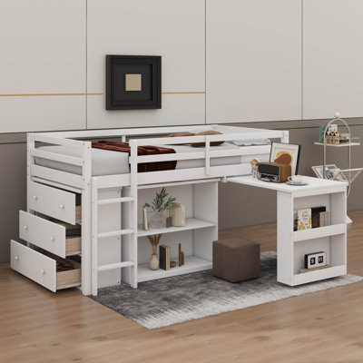 Twin Loft Bed With Drawer Unit, Shelf Unit, And Pull-Out Desk