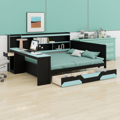 Gaming Style Daybed with LED Lights, Built-in Desk and 3 Storage Drawers