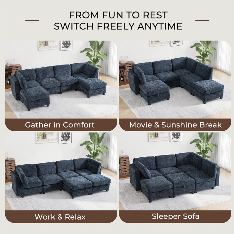 128" Oversized Modular Sectional Sofa with Storage & Removable Covers, Convertible U-Shape, L-Shape & Sleeper Configuration, Modern 6-Seater Couch with Movable Ottoman