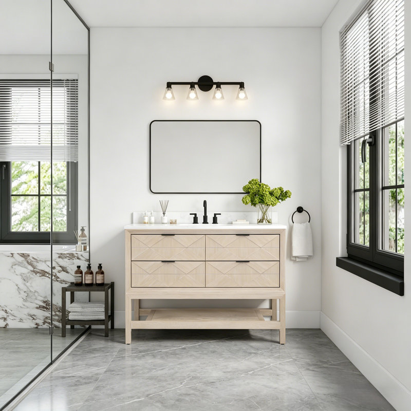 Meuble-lavabo autoportant 48 po en bois massif avec plateau en marbre d'ingénierie, Chêne blanc délavé