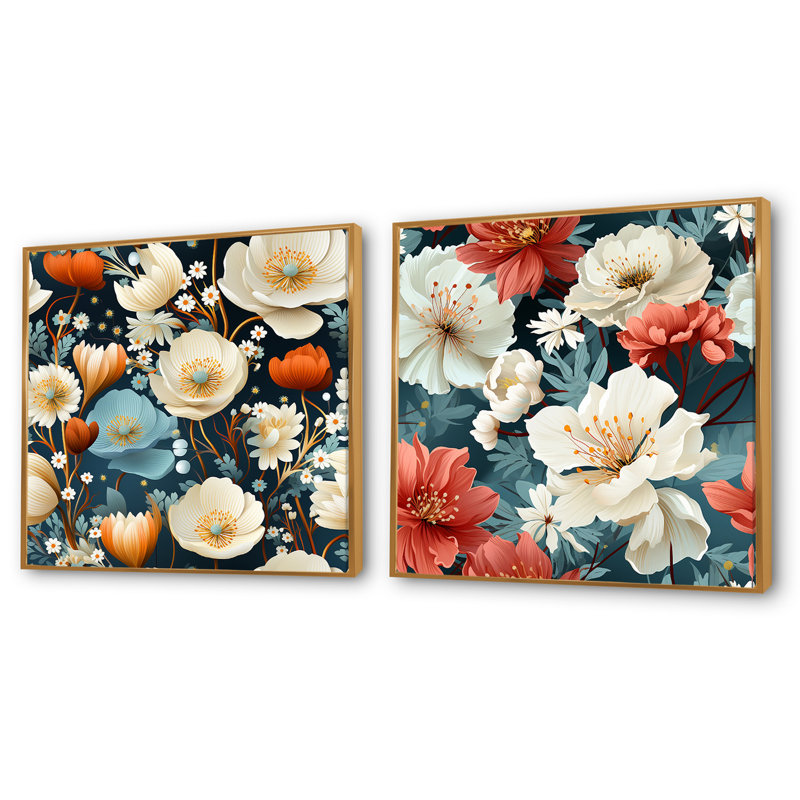 Gustave - Ensemble de 2 collages floraux carrés, H 16 po x l 33 po, Cadre flottant doré