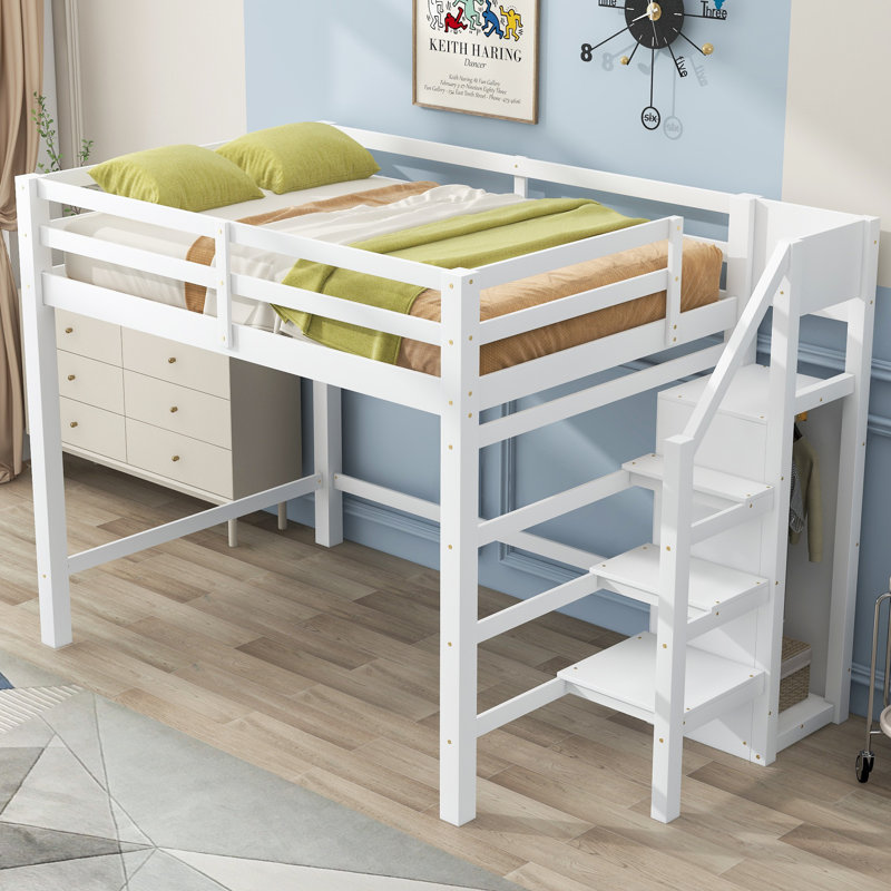 Full Size Loft Bed with Storage Wardrobe, Clothes Rack, and Staircase Shelves, Solid Pine Wood Frame, White