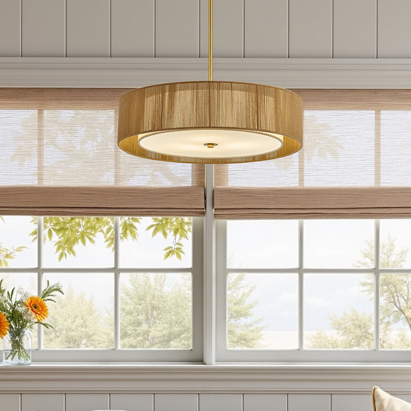 Lustre suspendu tambour en corde naturelle à 3 lumières Kamila, Brun