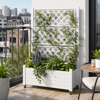 Lit de jardin surélevé surélevé avec treillis, jardinière en résine avec roues verrouillables, moniteur d'eau et système de drainage pour balcon, patio et jardin