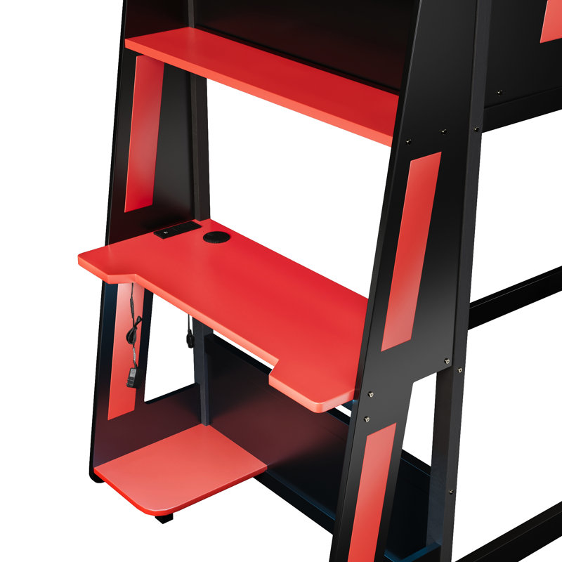 Wooden Gaming Bunk Bed with Desk, Storage Shelves, USB Charging Port and LED Light, Twin, Black/Red