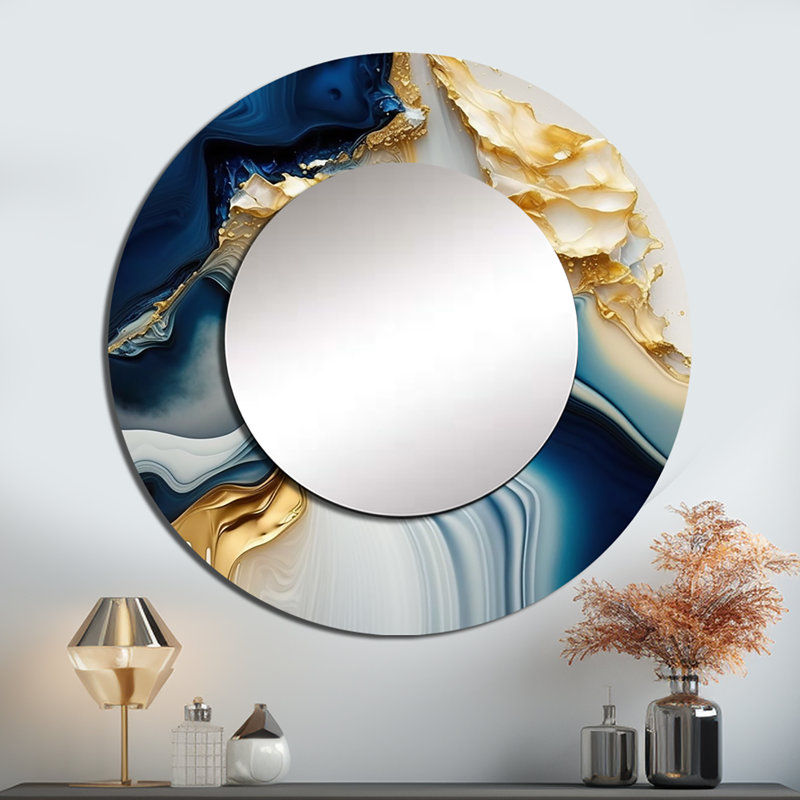 Reproduction d'art abstrait en métal Rabalais, géode abstraite dorée et bleue II, 29 po x 29 po