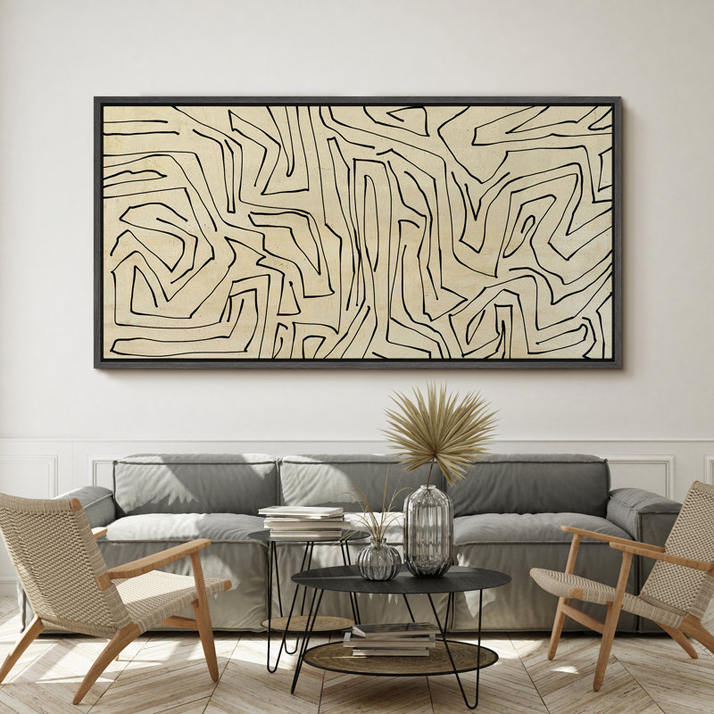 «Geometric Line Black Lines Maze Minimalist Simple», reproduction sur toile encadrée, H 30 po x l 60 po