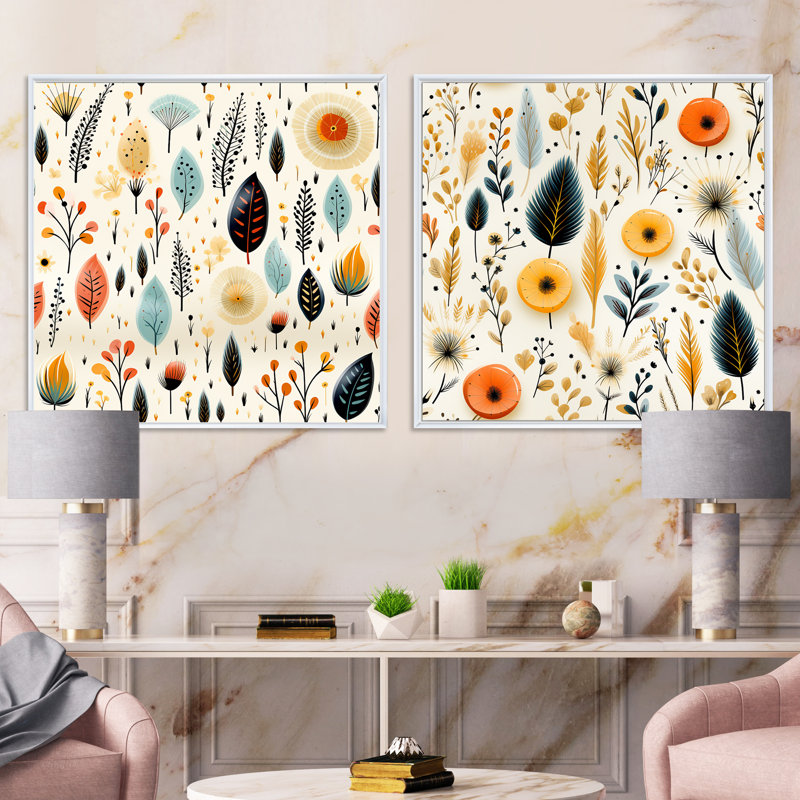 Peraz - Ensemble de 2 collages carrés botaniques abstraits, Cadre flottant blanc, H 36 po x l 73 po