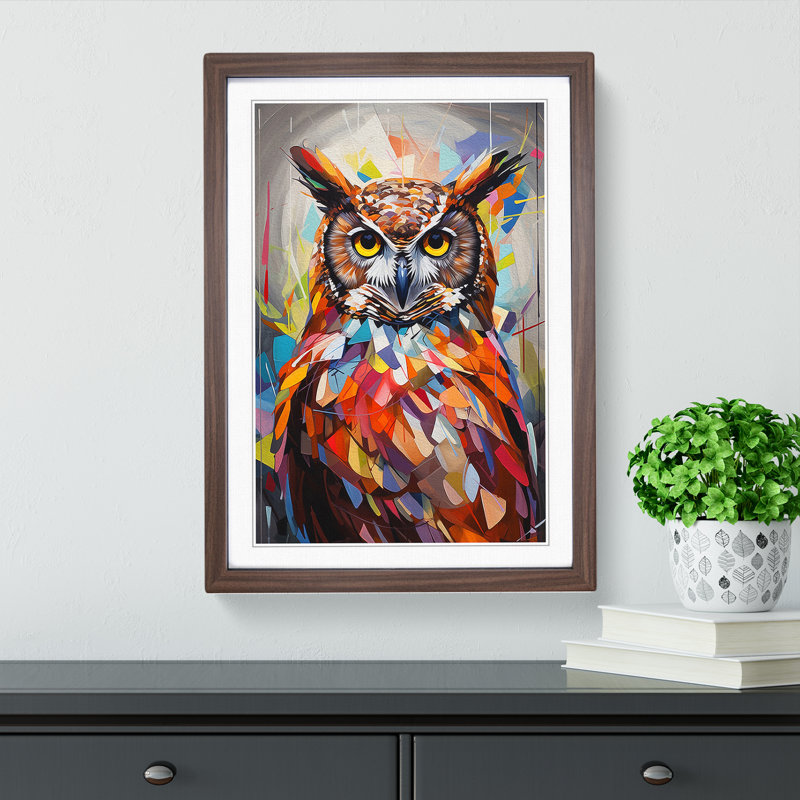 Owl Geometric - Single Picture Frame Print on Wood, Walnut, 34cm H x 25cm W x 2cm D