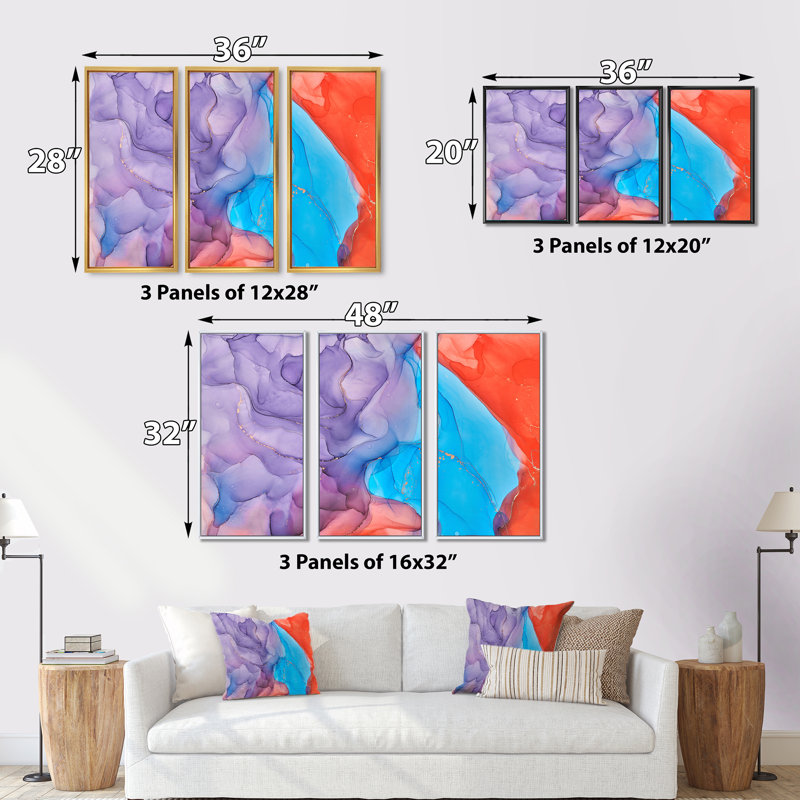 "Blue Red Orange", reproduction d'art sur toile 3 pièces, H 32 po x l 48 po x P 1 po, Blanc