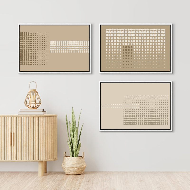 «Geometric Line», beige et brun clair, motif géométrique abstrait dégradé, 3 pièces, Cadre blanc, H 24 po x l 36 po