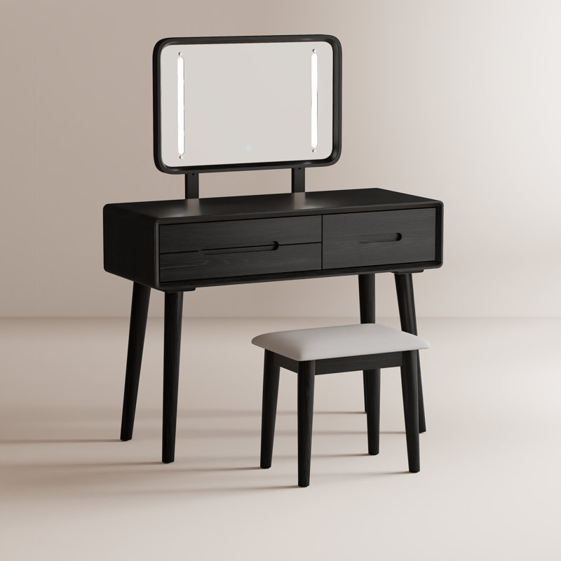 Solid Wood Makeup Vanity, Detachable Mirror, Adjustable Lighting, Equipped with Three Drawers, Black, 39.4" W