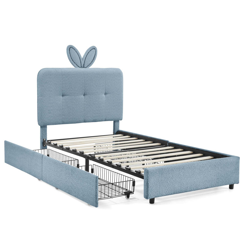 Lit tapissier pour enfants avec tête de lit pour oreilles de lapin et lumières DEL, Marine