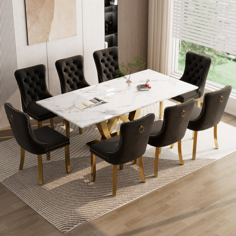 70" Faux Marble Dining Table Set for 8, with 8 Upholstered Chairs, Black, Silver