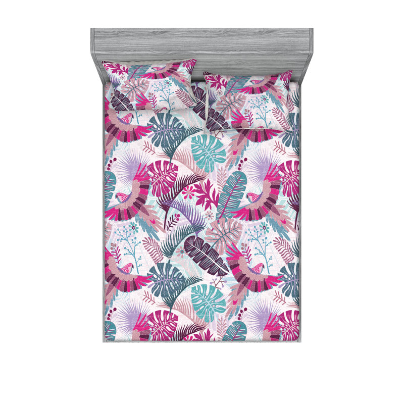 Drap-housse et taies décoratives 3 pièces Ambesonne, Motif floral magenta / bleu cadet / prune