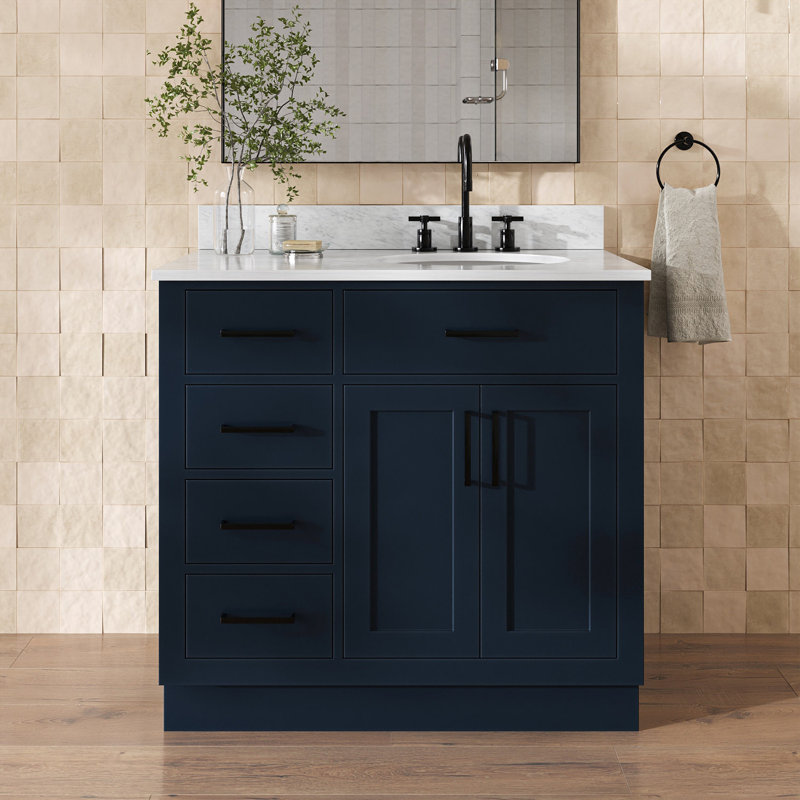 Meuble-lavabo simple Jameal de 36 po en bois massif avec comptoir en marbre de Carrare de 0,75 po et lavabo ovale dÃ©calÃ© Ã  droite