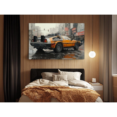 Reproduction d'art de toile jaune rétro DeLorean Time Machine Art rétro des années 80 de science-fiction pour salon, chambre à coucher ou homme des cavernes