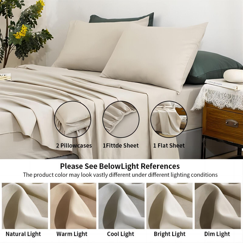100% Linen Sheets, Natural French Flax Bed Sheet Sets 4 Pcs, Soft Breathable Deep Pocket Farmhouse Bedding (1 Flat Sheet, 1 Fitted Sheet, 2 Pillowcases)