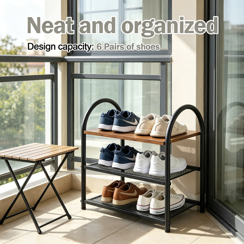 Range-chaussures à 3 niveaux, range-chaussures aspect bois rustique avec structure en métal et tablettes en filet, peu encombrant pour l'entrée, le couloir, la chambre à coucher