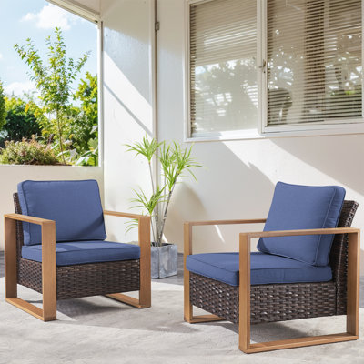 Ebern Designs Outdoor Wicker Club Chair Set Of 2 With Thick Cushions & Unique Wood-Grain Armrests