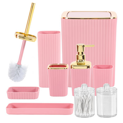 Ensemble d'accessoires de salle de bain, ensembles de salle de bain blanc / noir / rose 9 pièces avec porte-brosse à dents, poubelle, distributeur de savon à lotion, porte-brosse à dents, plateau de coiffeuse, porte-savon, brosse à toilette, porte-coton