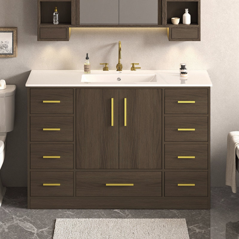 Meuble-lavabo 48 po avec rangement abondant | 11 tiroirs et 2 portes à fermeture en douceur, plateau en résine et armoire en panneau de fibres à densité moyenne, style transitionnel pour salle de bain principale