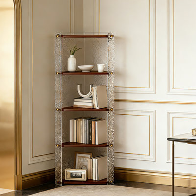 Étagère d'angle à 5 niveaux en acrylique, combinaison d'acrylique transparent et de bois massif, armoire de rangement polyvalente pour le salon, la chambre à coucher et la salle de bain