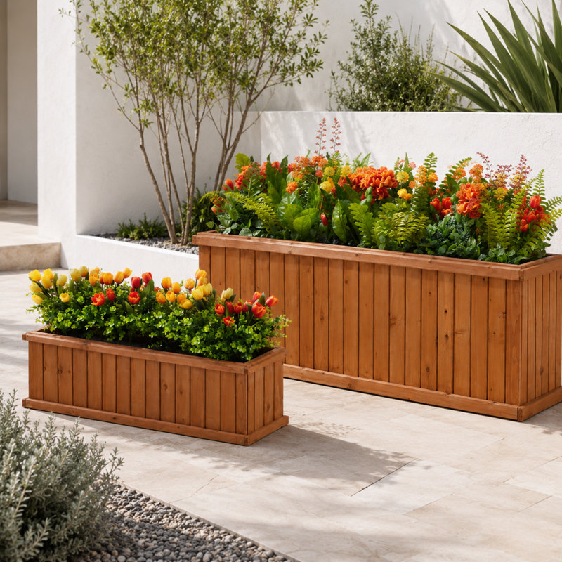 2-Piece Cedar Wood Outdoor Planter Box Set with Drainage, 40-Inch and 60-Inch Rectangular, Brown