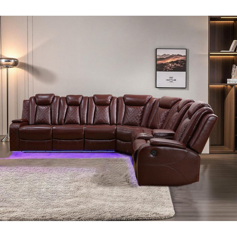 3-Pieces 210”Breathing Leather Power Reclining Theater Sectional,LED Lighting, Red Brown Faux Leather