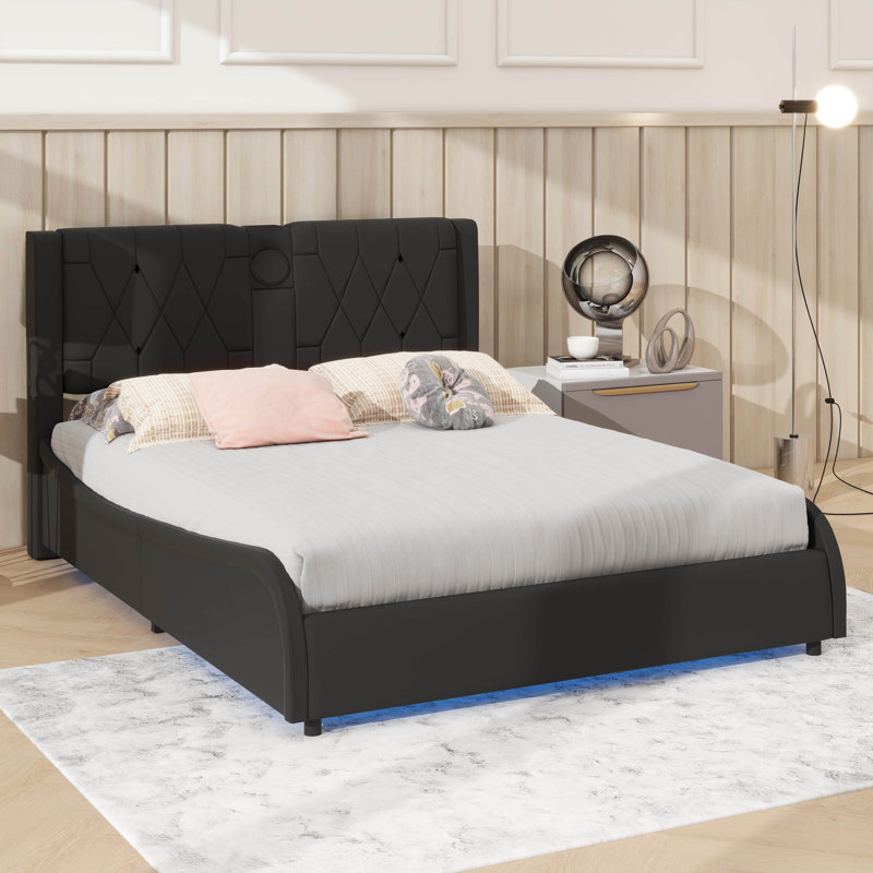 Lit luxueux en similicuir à profil bas avec audio Bluetooth et lumière DEL RVB, Noir, Lit double