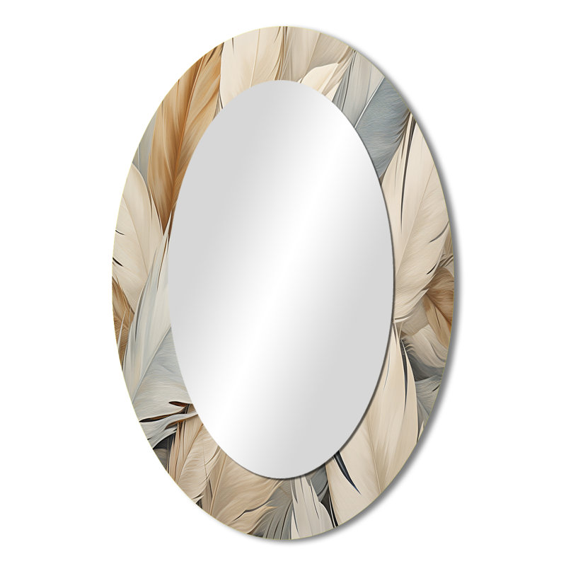 Feathery Plumes II - Grand miroir mural ovale sur métal, 36 po x 24 po
