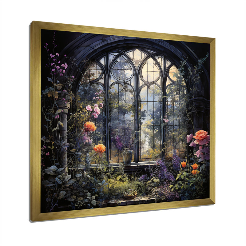 «Floral Gothic Church Church View IV - Floral Window», art mural, Cadre doré simple, H 30 po x l 30 po x P 1,5 po