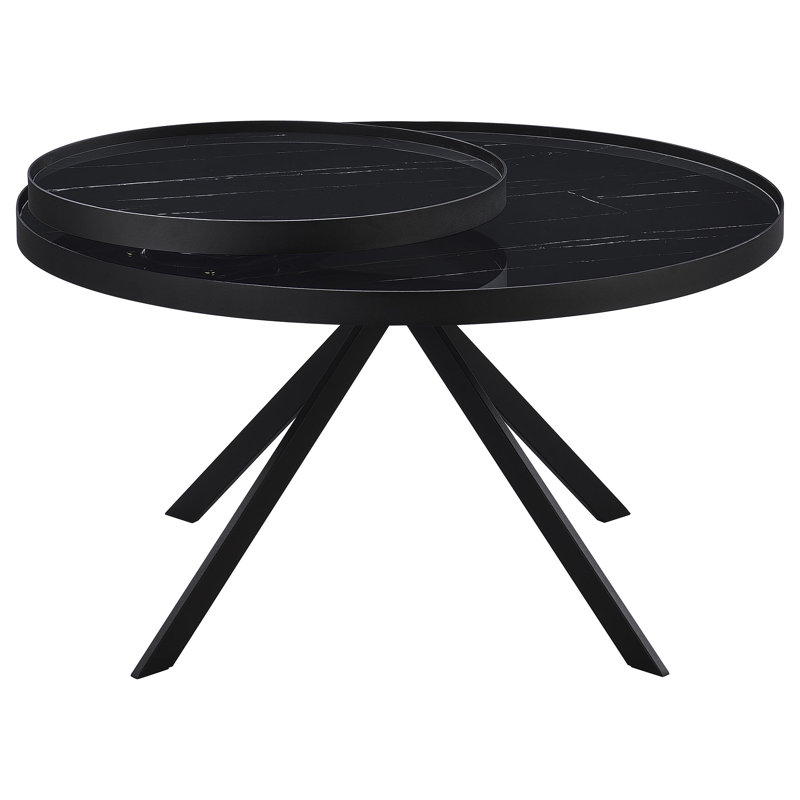Biggs Round Marble Printed Glass Top Coffee Table, Black