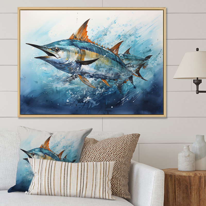 «Fishing Majestic Marlins I», reproduction d'art sur toile encadrée, chasse, H 16 po x l 32 po, Gold Picture Framed