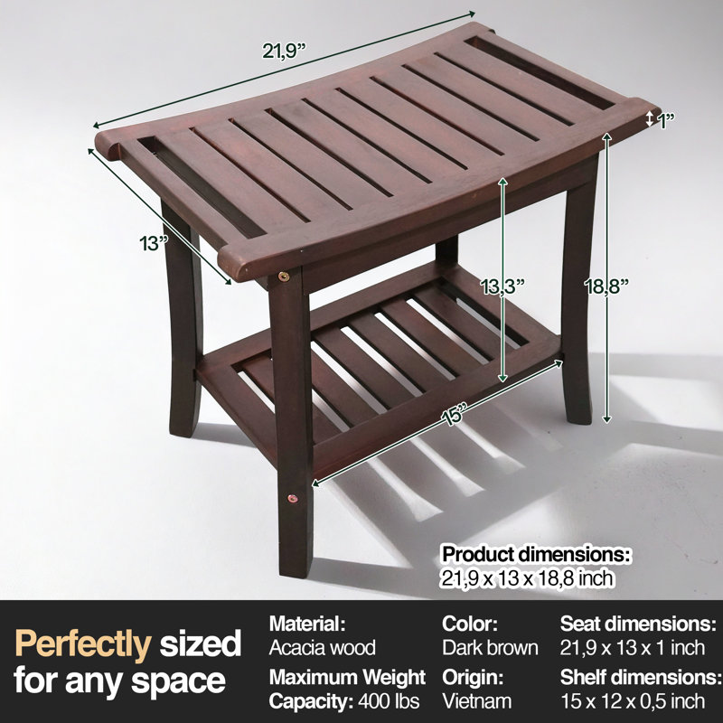 Acacia Wood Shower Bench – 100% Solid Wood, Water-Resistant, Anti-Slip & Scratch-Resistant, 400lbs Capacity, Ideal for Bathroom, Spa & Sauna