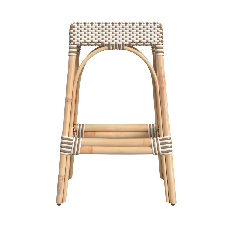 Tabouret de comptoir / de bar Lennart, Blanc / pois brun clair / cadre en rotin naturel