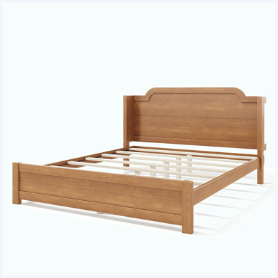 Lit plateforme en bois massif Queen Size avec tête de lit, cadre de lit minimaliste fini naturel avec lattes en bois, sommier non requis, montage facile pour la chambre à coucher