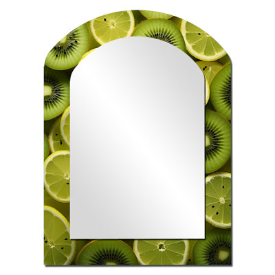 Grand miroir mural Kiwifruit Kaleidoscope I - fruits, miroir arqué traditionnel, impression sur métal