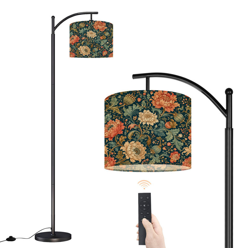 Lampe sur pied à arc avec abat-jour réglable Floral Botanical Large Blossoms Ornate Leaves Vintage Art Nouveau Lampe sur pied 3 lumières à intensité variable avec télécommande