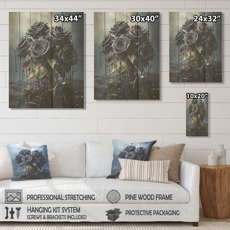 «Midnight Black and Blue Roses Bouqet I» - Roses sur bois, H 40 po x l 30 po
