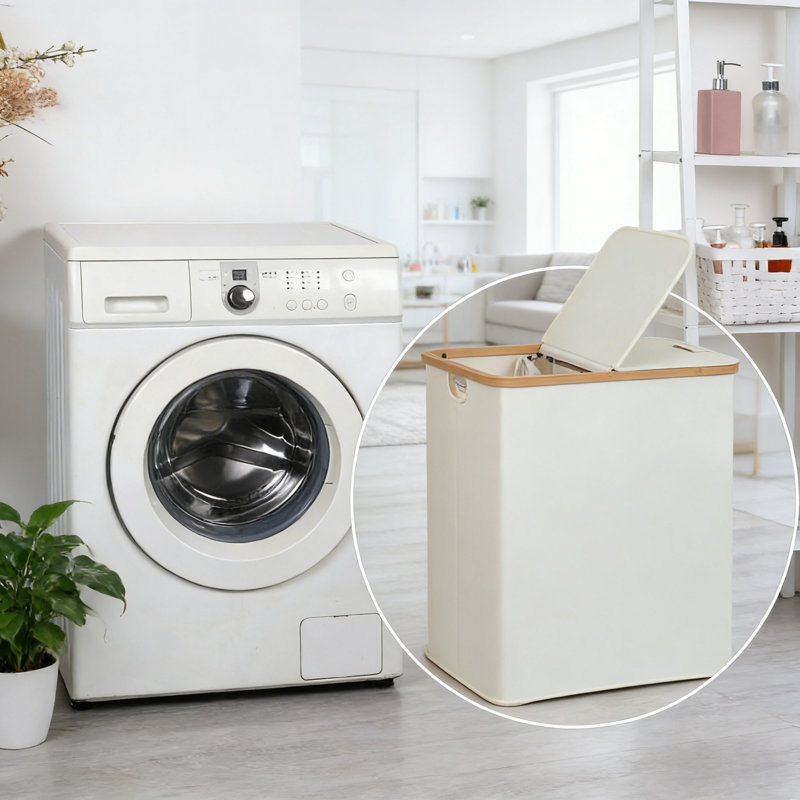 Double Hamper With Lid, Two Removable Liners & Bamboo Handles, 2-Section Laundry Basket For Bedroom, Bath Or Laundry Room