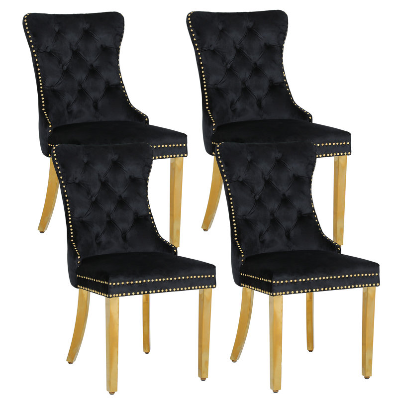 Upholstered Dining Chairs.Tufted Back Design With Stainless Steel Leg, 4, Gold, Black